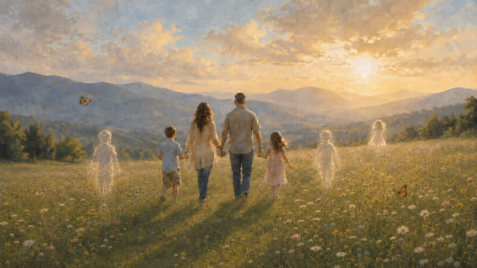 A family walking through a sunlit field in remembrance of children lost during pregnancy or infancy